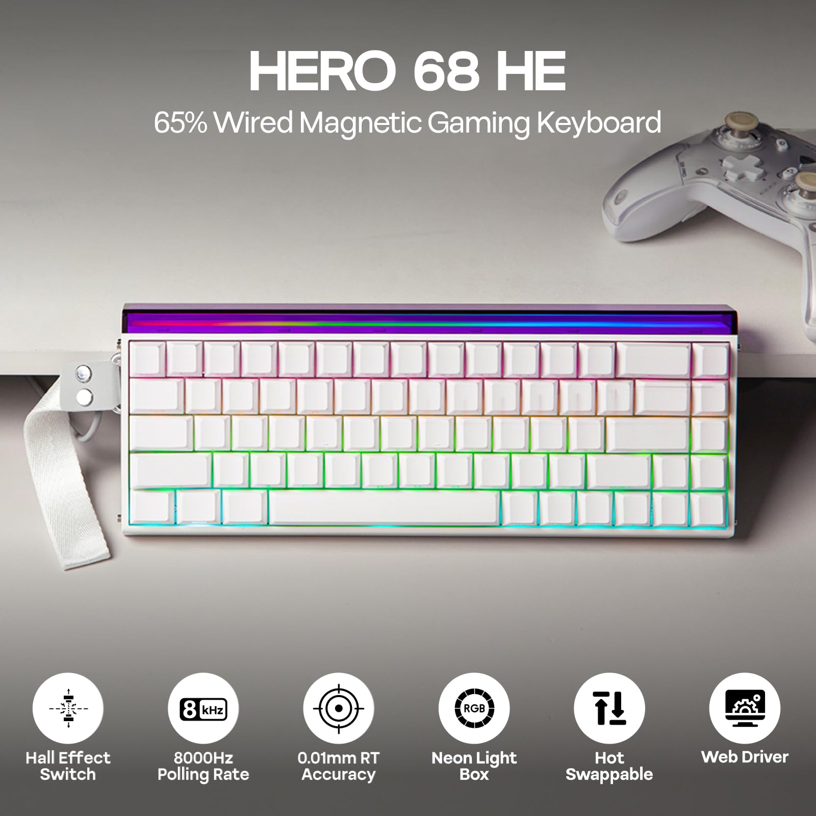 EPOMAKER Aula Hero 68 HE Wired Magnetic Gaming Keyboard, 0.01mm Adjustable Actuation, Rapid Hall Effect Switch, 8kHz Polling, 5-Layer Sound Dampening, RGB Box & Backlight (White) - Image 3