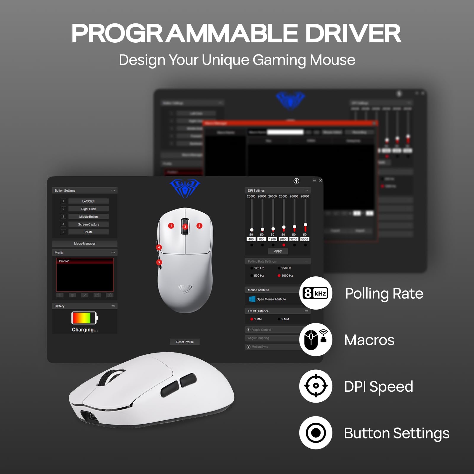 EPOMAKER Aula SC800 Wireless Gaming Mouse, 37g Lightweight, Adjustable 26,000 DPI, 8k Polling Rate, PAW3395, Programmable Buttons, On-Board Memory, 250mAh Battery, PC/MAC/Linux (White) - Image 6