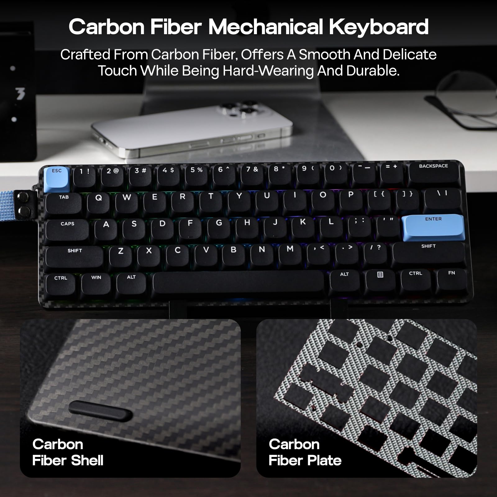 EPOMAKER Carbon60 QMK/VIA Wireless Mechanical Keyboard, 60% Compact Layout, Tri-Mode BT/2.4GHz/USB-C, Carbon Fiber Design, Hot Swappable (Gateron Low-Profile Brown Switch) - Image 3