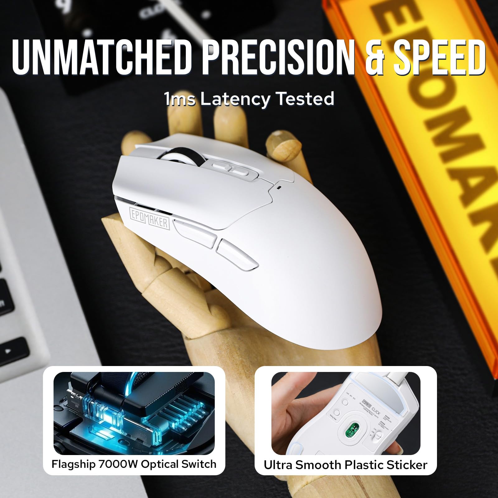 EPOMAKER Click Gaming Mouse Wireless 2.4Ghz/BT/Type-C, 800 to 42,000 DPI Adjustable, 8K Polling Rate, 500mAh, Lightweight Optical Mouse, for PC/Mac/Linux (White) - Image 4