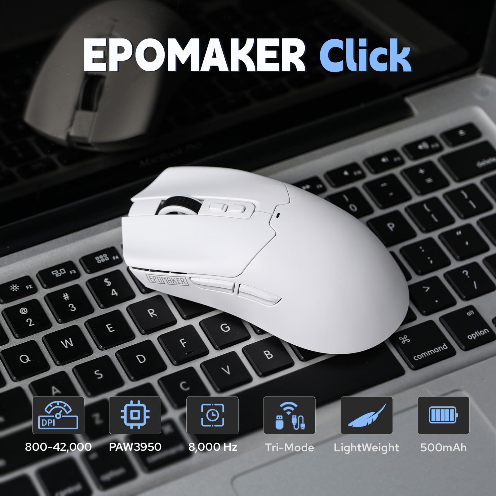 EPOMAKER Click Gaming Mouse Wireless 2.4Ghz/BT/Type-C, 800 to 42,000 DPI Adjustable, 8K Polling Rate, 500mAh, Lightweight Optical Mouse, for PC/Mac/Linux (White) - Image 5