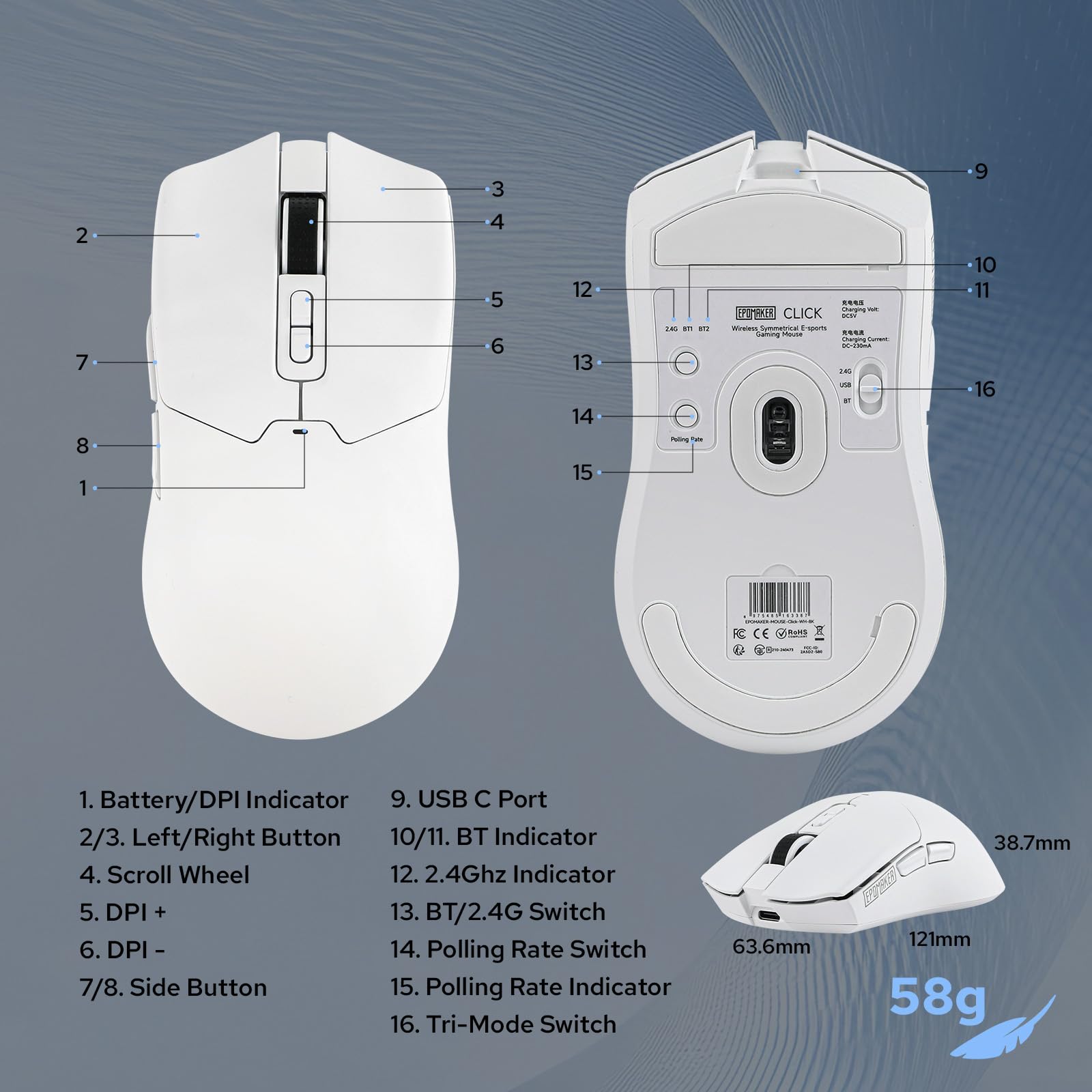 EPOMAKER Click Gaming Mouse Wireless 2.4Ghz/BT/Type-C, 800 to 42,000 DPI Adjustable, 8K Polling Rate, 500mAh, Lightweight Optical Mouse, for PC/Mac/Linux (White) - Image 8
