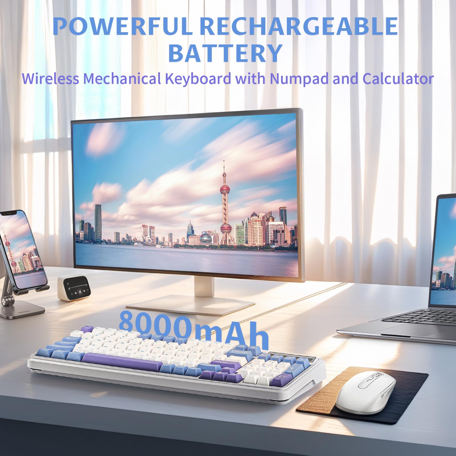 EPOMAKER Cypher 96 Wireless Gaming Keyboard with 8000mAh Battery, Hot Swappable Creamy Keyboard with Numpad and Calculator, RGB Backlit, NKRO for Games/Office (Wisteria Linear Switch) - Image 3