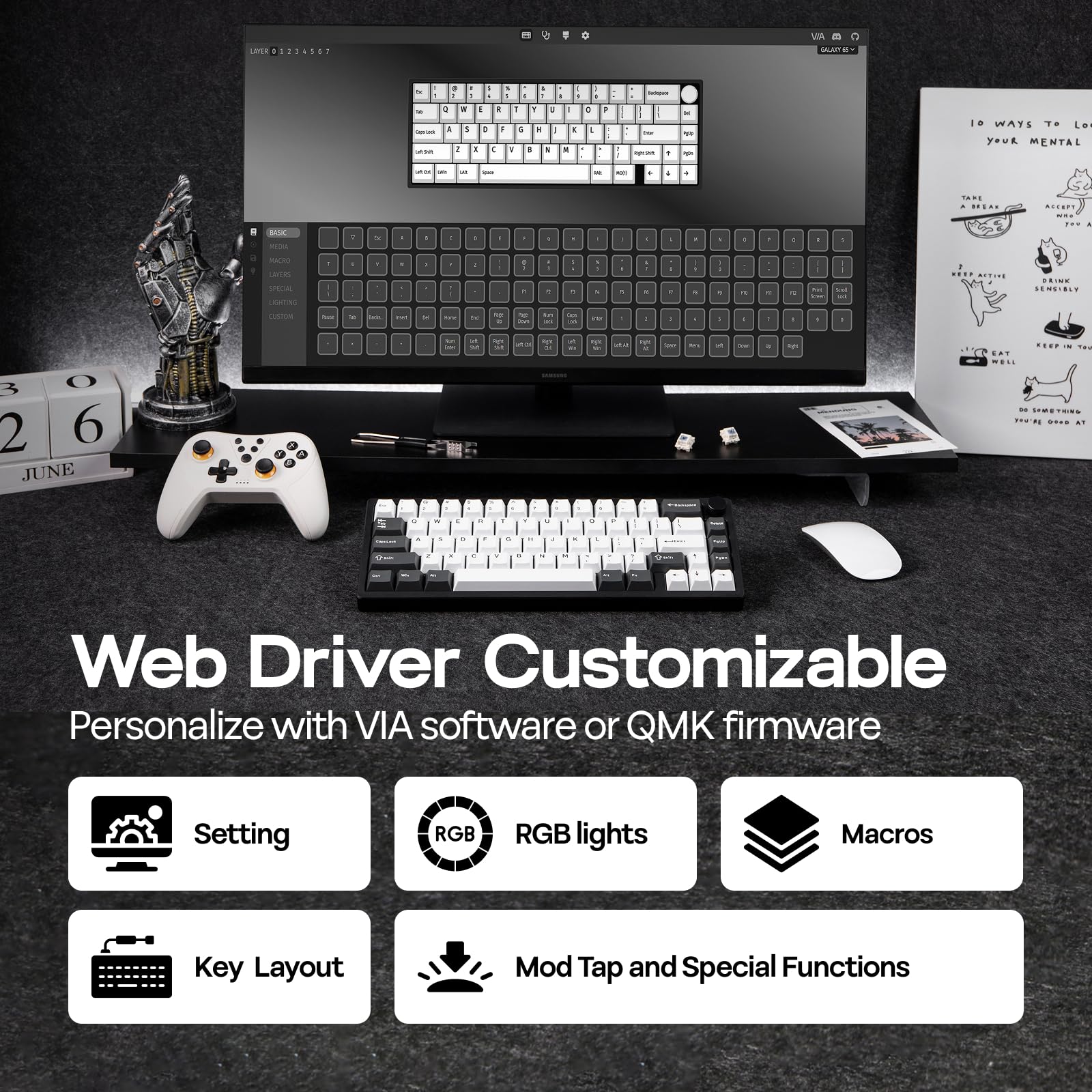 EPOMAKER Galaxy65 Wireless QMK/VIA Mechanical Keyboard, Ball-Catch Anodized Aluminum Custom Keyboard, Pre-Lubed Hot-Swappable Switch, RGB Backlit, Rotary Knob, 2.4Ghz/BT/Type-C (Black) - Image 7