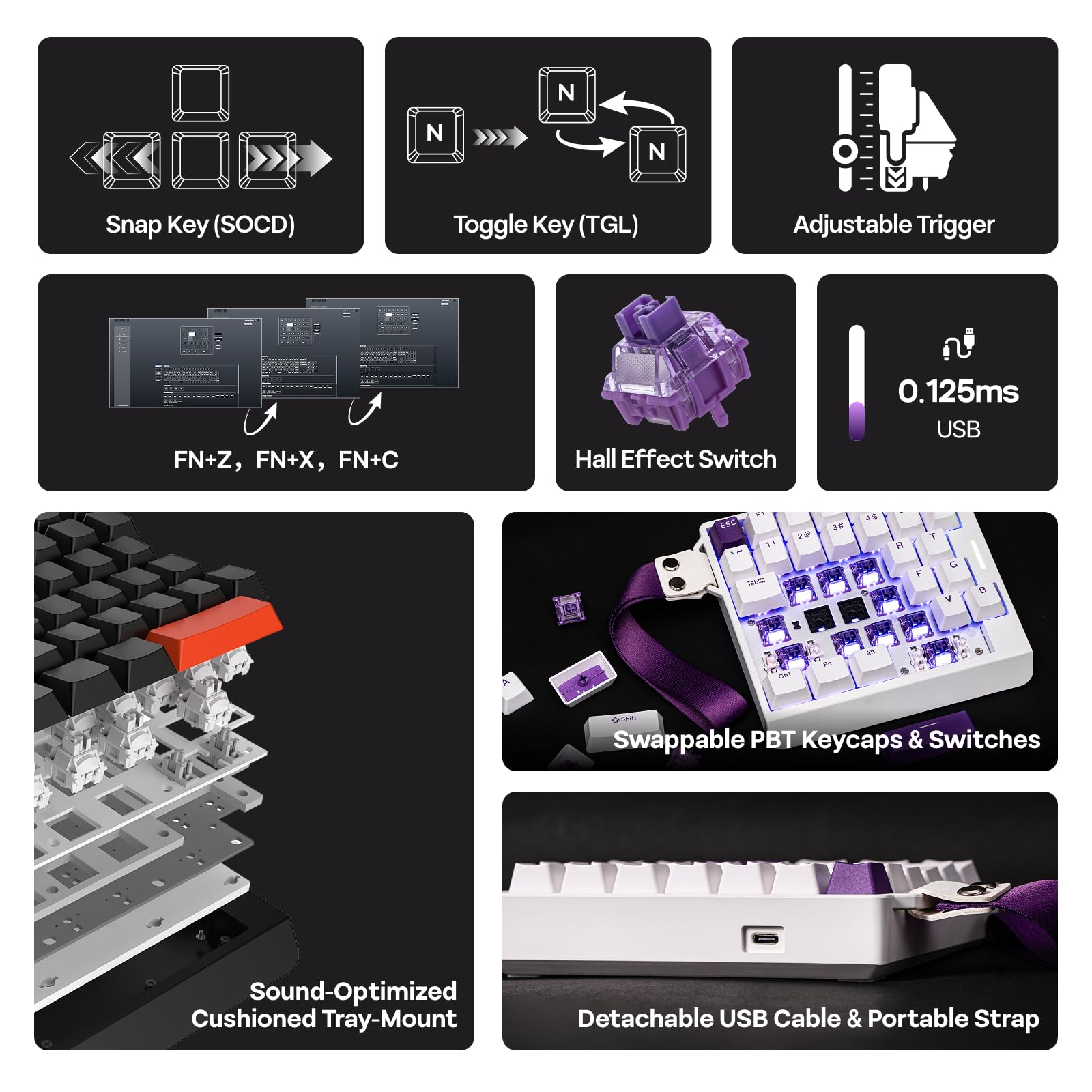 EPOMAKER HE30 One-Handed Hall Effect Keyboard, 8K Polling & 0.125ms, SOCD & Snap Key, Adjustable Trigger, PBT Keycap, RGB, Custom Software, Wired Gaming Keyboard for PC/Gamer (White Purple) - Image 3