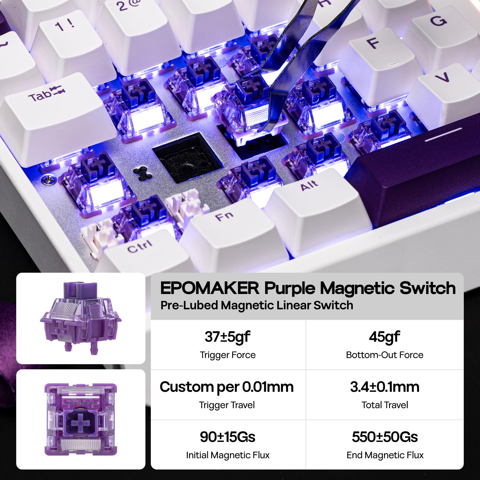 EPOMAKER HE30 One-Handed Hall Effect Keyboard, 8K Polling & 0.125ms, SOCD & Snap Key, Adjustable Trigger, PBT Keycap, RGB, Custom Software, Wired Gaming Keyboard for PC/Gamer (White Purple) - Image 7