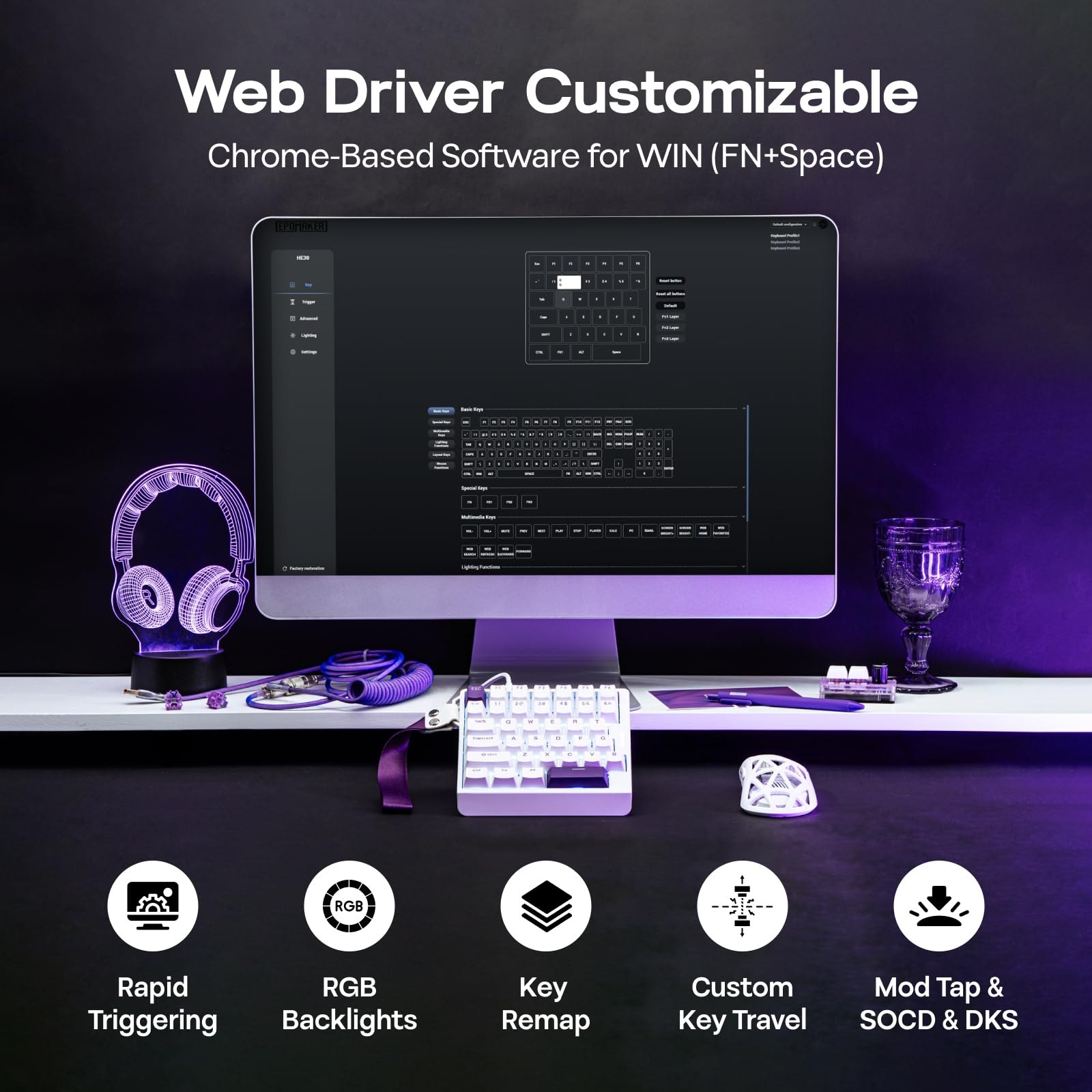 EPOMAKER HE30 One-Handed Hall Effect Keyboard, 8K Polling & 0.125ms, SOCD & Snap Key, Adjustable Trigger, PBT Keycap, RGB, Custom Software, Wired Gaming Keyboard for PC/Gamer (White Purple) - Image 6