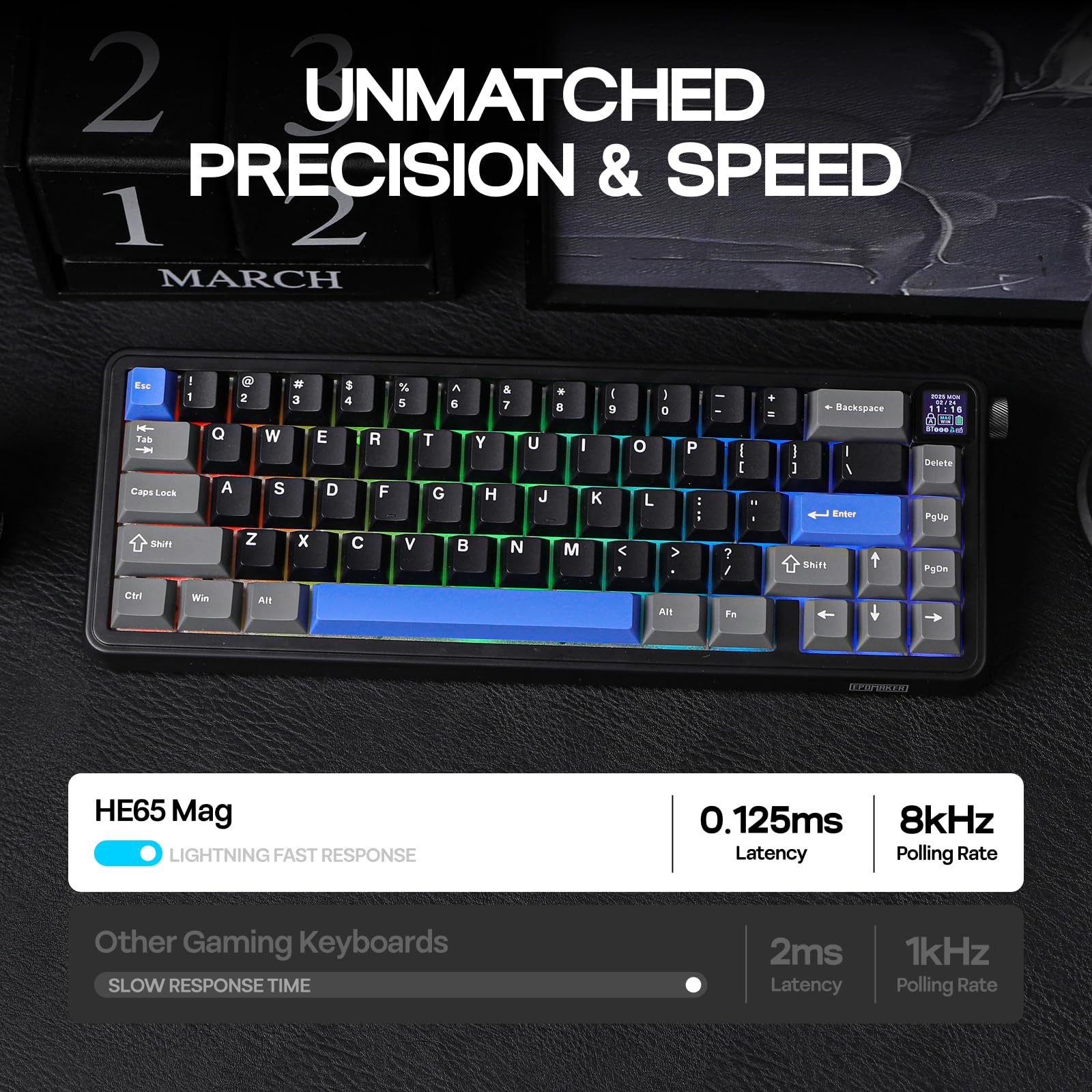 EPOMAKER HE65 Mag Wireless Magnetic Keyboard with Knob and Screen, 8K Polling Rate in 2.4Ghz and Wired, Actuation-Adjustable Hall Effect Switch, 8000mAh Battery, Creamy Gasket-Mount (Black) - Image 3