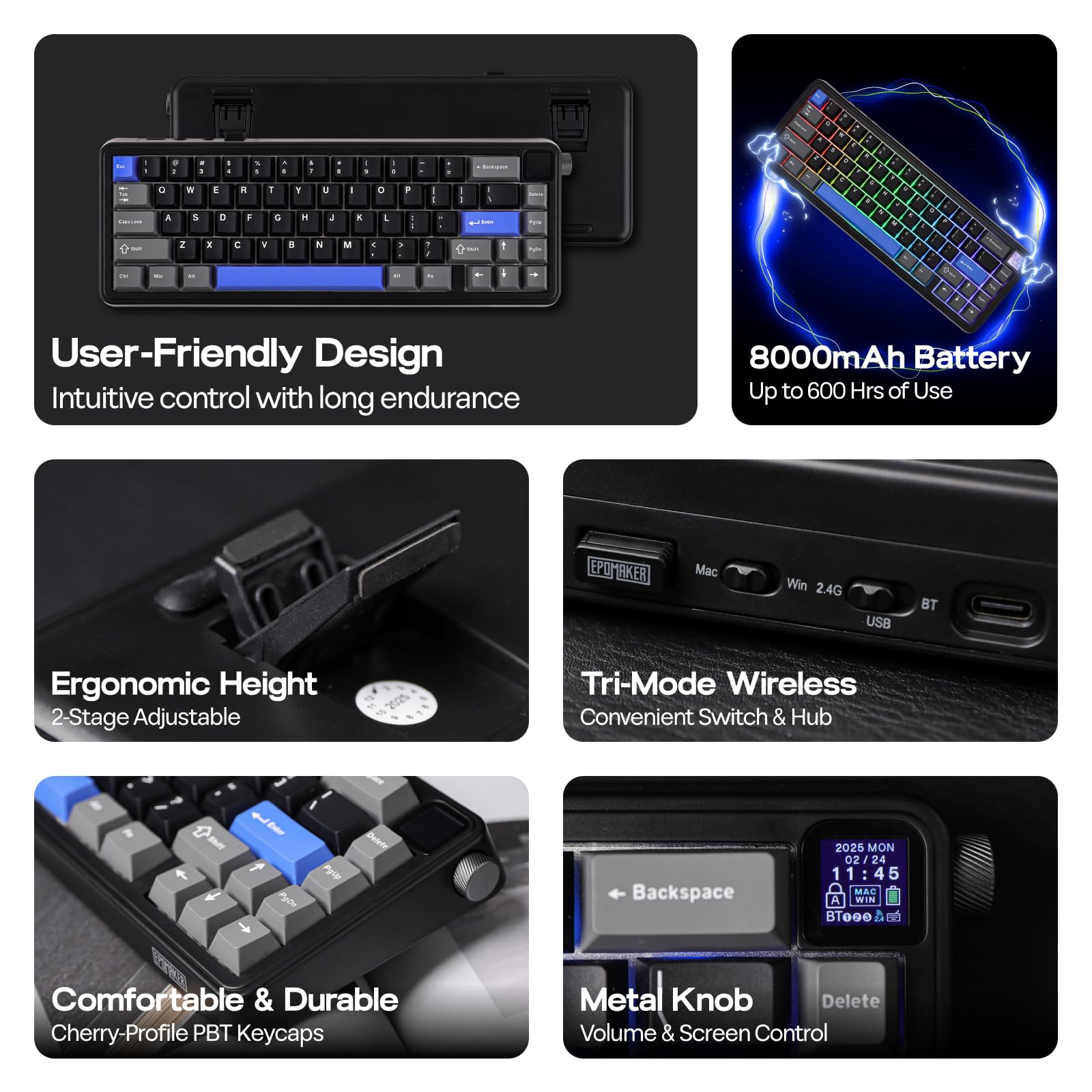 EPOMAKER HE65 Mag Wireless Magnetic Keyboard with Knob and Screen, 8K Polling Rate in 2.4Ghz and Wired, Actuation-Adjustable Hall Effect Switch, 8000mAh Battery, Creamy Gasket-Mount (Black) - Image 4