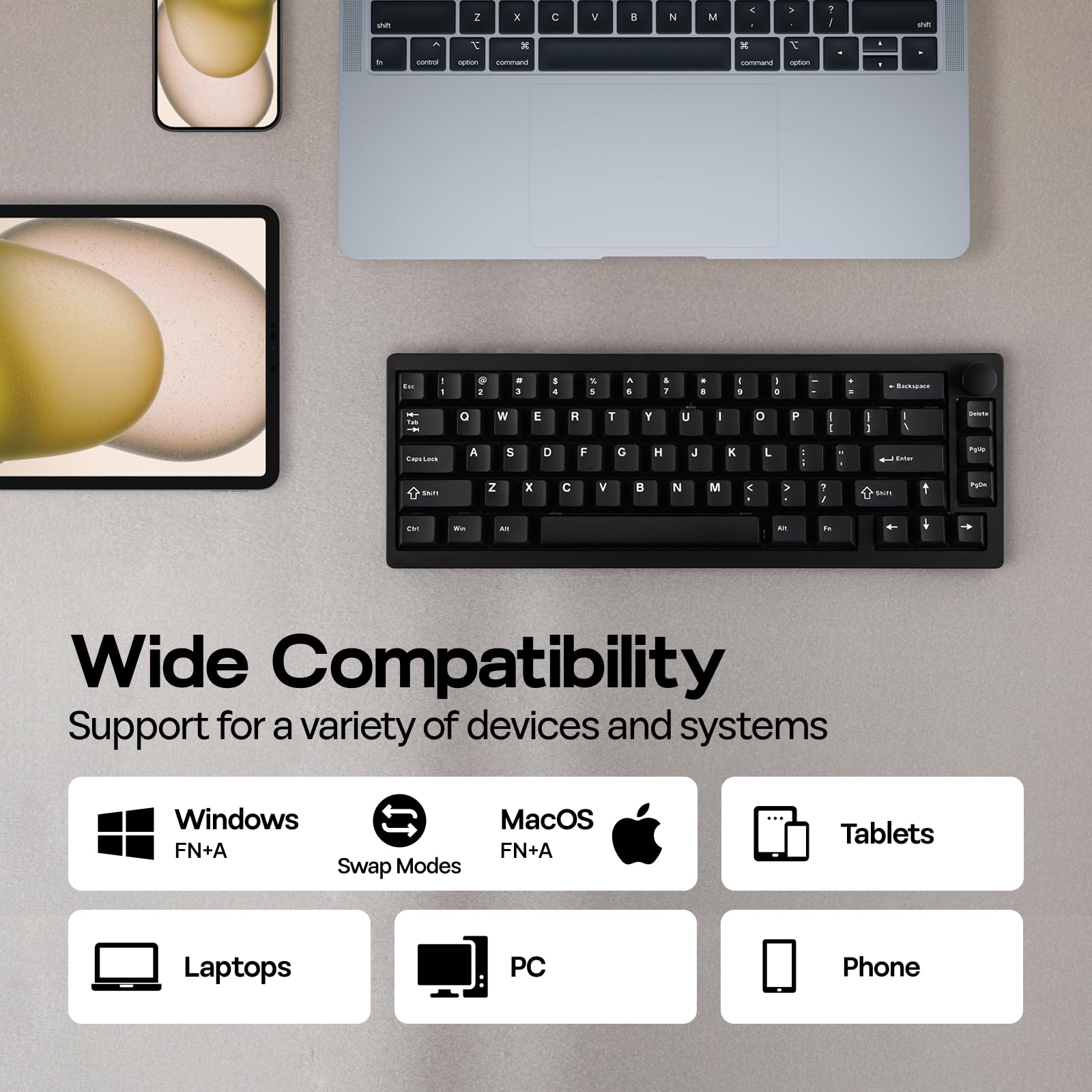 EPOMAKER P65 QMK/VIA Wireless Aluminum Gaming Keyboard, Gasket-Mount, BT/2.4Ghz/USB(A to C), Hot Swappable, N-Key Rollover, for Mac/PC/PS/Xbox (Black, Wisteria Linear Switch) - Image 3