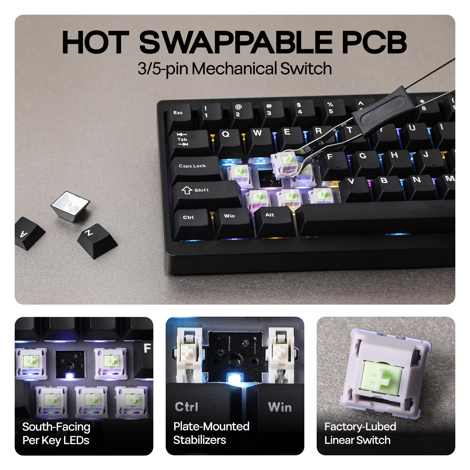 EPOMAKER P65 QMK/VIA Wireless Aluminum Gaming Keyboard, Gasket-Mount, BT/2.4Ghz/USB(A to C), Hot Swappable, N-Key Rollover, for Mac/PC/PS/Xbox (Black, Wisteria Linear Switch) - Image 5