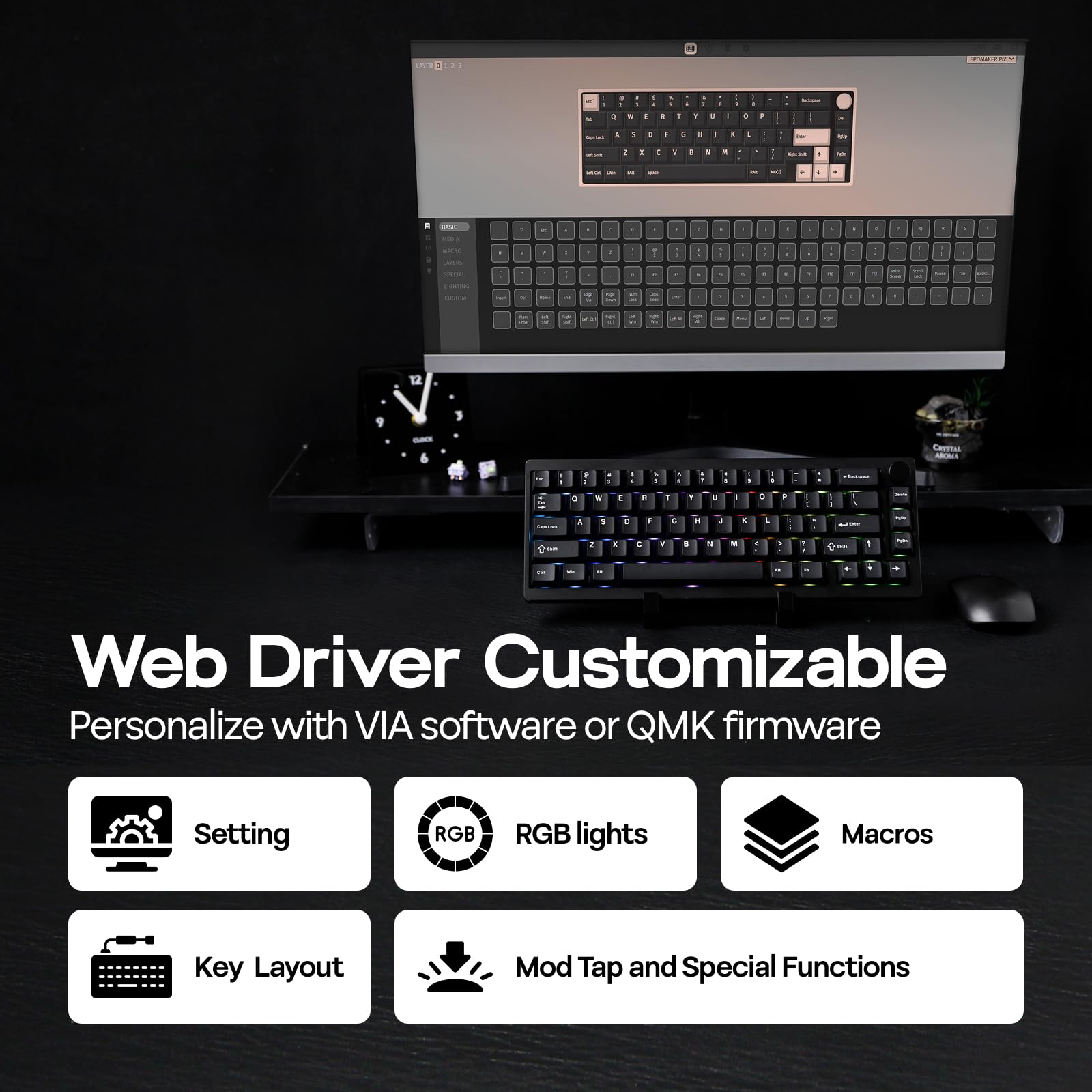 EPOMAKER P65 QMK/VIA Wireless Aluminum Gaming Keyboard, Gasket-Mount, BT/2.4Ghz/USB(A to C), Hot Swappable, N-Key Rollover, for Mac/PC/PS/Xbox (Black, Wisteria Linear Switch) - Image 7