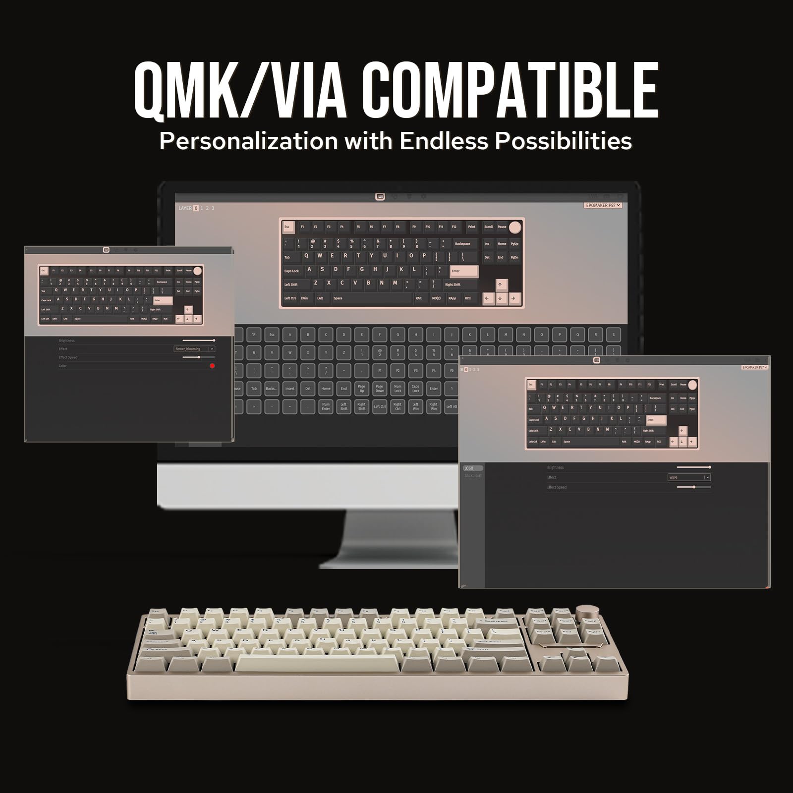 EPOMAKER P87 TKL Aluminum Wireless Gaming Keyboard, QMK/VIA Programmable, 87% BT/2.4Ghz/USB-C, with CNC Metal Knob and RGB Backlight (Khaki, Zebra Switch) - Image 4