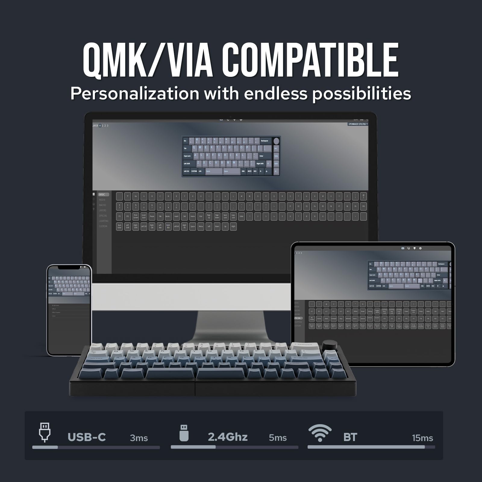 EPOMAKER Split65 QMK/VIA Programmable Keyboard, Wireless Mechanical Keyboard in 2.4Ghz/BT/Type-C, Ergonomic Gaming Keyboard in Split Layout with RGB Backlit (Wisteria Linear Switch) - Image 3