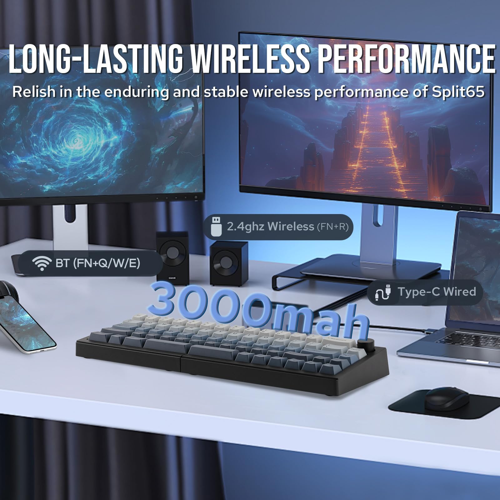 EPOMAKER Split65 QMK/VIA Programmable Keyboard, Wireless Mechanical Keyboard in 2.4Ghz/BT/Type-C, Ergonomic Gaming Keyboard in Split Layout with RGB Backlit (Wisteria Linear Switch) - Image 6