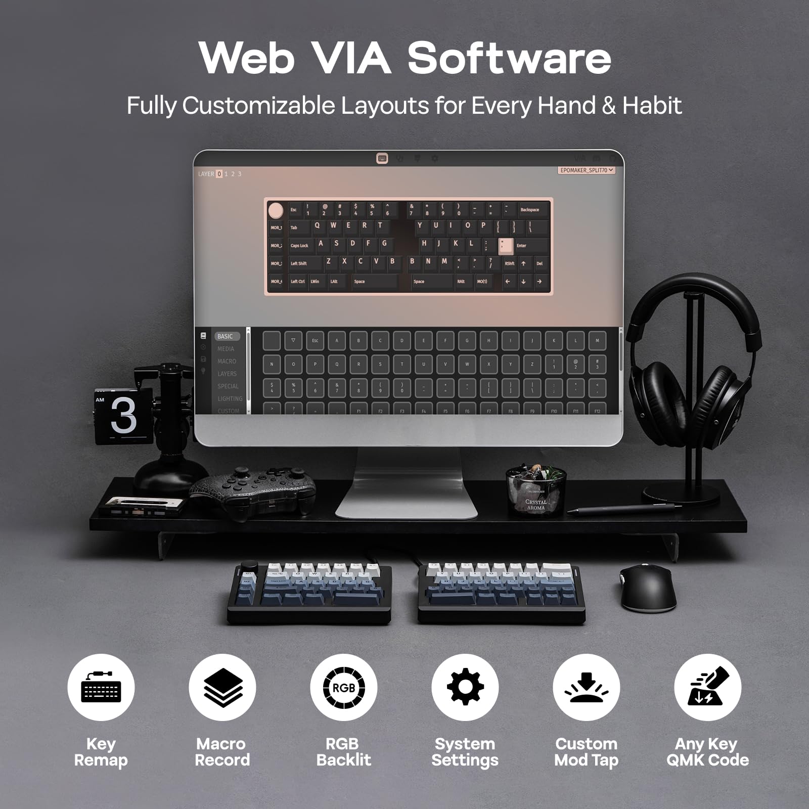 EPOMAKER Split70 Wireless Ergonomic Keyboard with QMK/VIA and Knob, Mechanical Gaming Keyboard with RGB, Hot-Swap, Creamy Linear Switch, PBT Keycap, Mac Modifier, Gasket, 70% Split Layout (Black) - Image 7